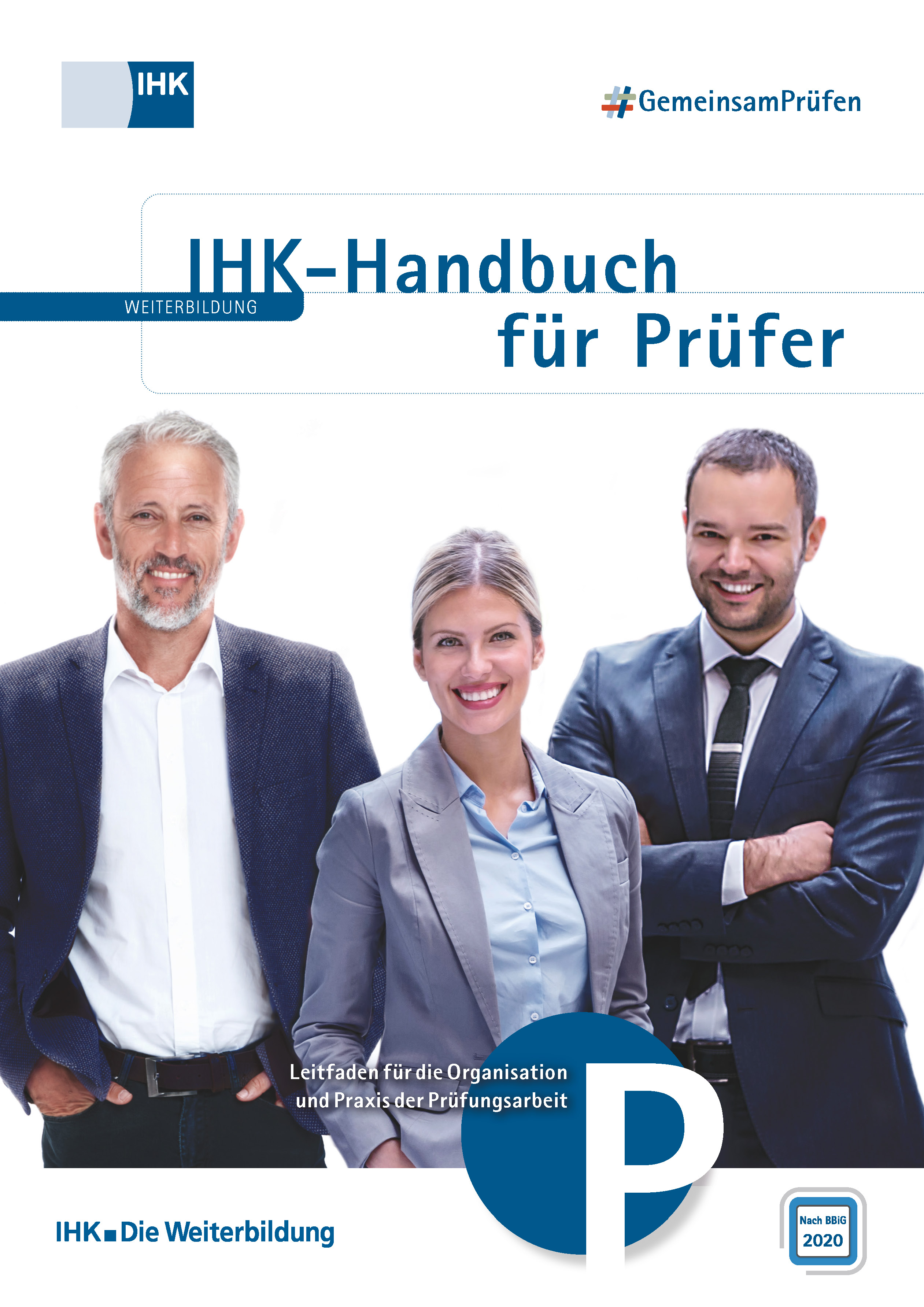 Cover des Handbuchs "IHK-Handbuch für Prüfer" mit drei erwachsenen Personen