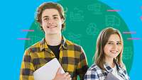 Zwei junge Menschen mit Lernmaterialien lächeln 