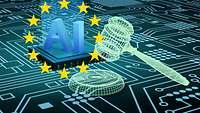 AI-Buchstaben mit EU-Sternenkreis über Schaltplan