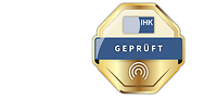 Sechseitiges Rechteck mit der Aufschrift "IHK geprüft"