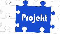 weiße Puzzleteile mit einem zentralen blauen Stück mit Schriftzug "Projekt"