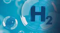 Die Zeichenfolge "H2" schwebt in einer Gasblase zusammen mit anderen Bubbles und Molekülen in blauem Raum