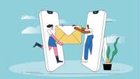 zwei stilisierte Personen treten aus zwei gegenüberliegenden Smartphones und halten einen Briefumschlag